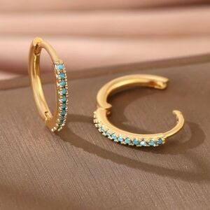 NWT SIMULATED TURQUOISE GENUINE 14K GOLD OVER STAINLESS STEEL HOOPS +Gift 🎁